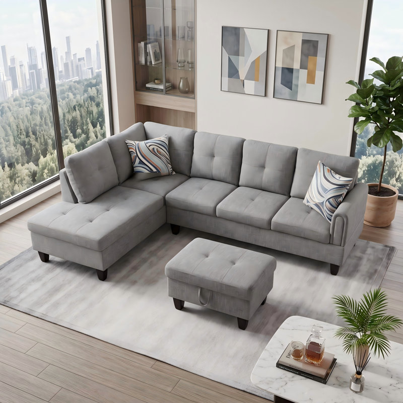 Canapé modulaire rembourré réversible avec repose-pieds, Orienté vers la gauche, Lin gris