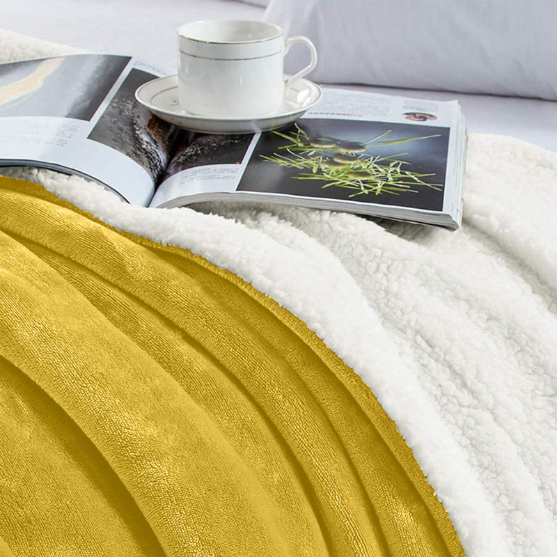 Super Soft Sherpa Fleece Fur Thick Dual Sided Flannel Reversible Blanket Throw, Single 130cm x 150cm, Yellow
