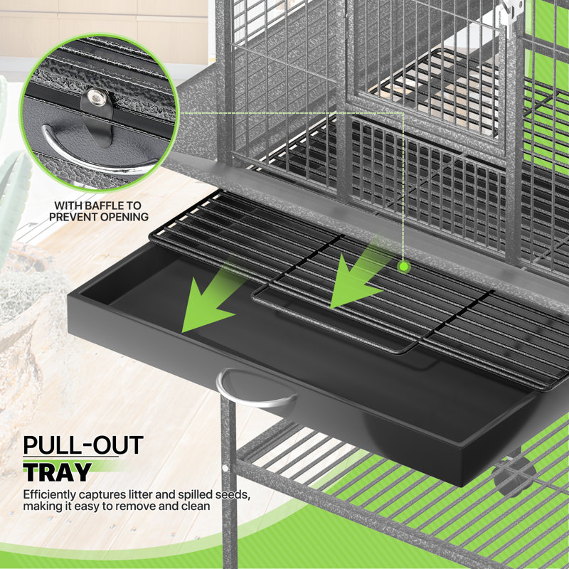 Black 61" Wrought Iron Play Top Bird Cage with Stand