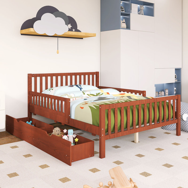 Lit plateforme double en bois avec garde-corps et deux tiroirs de rangement, Lit double, Noyer