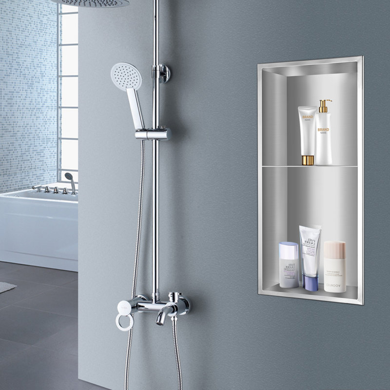 Niche de douche encastrée rectangulaire en acier inoxydable de calibre 18, Chrome brossé