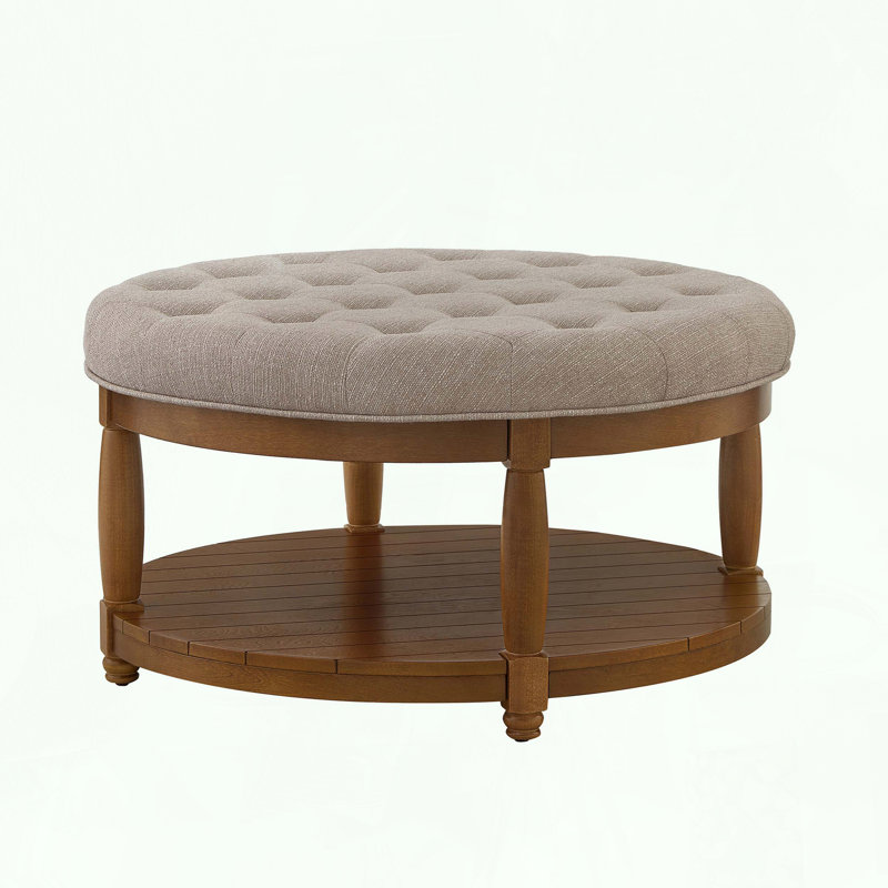 Grand repose-pieds rond avec rangement en bois et conception capitonnée, Lin