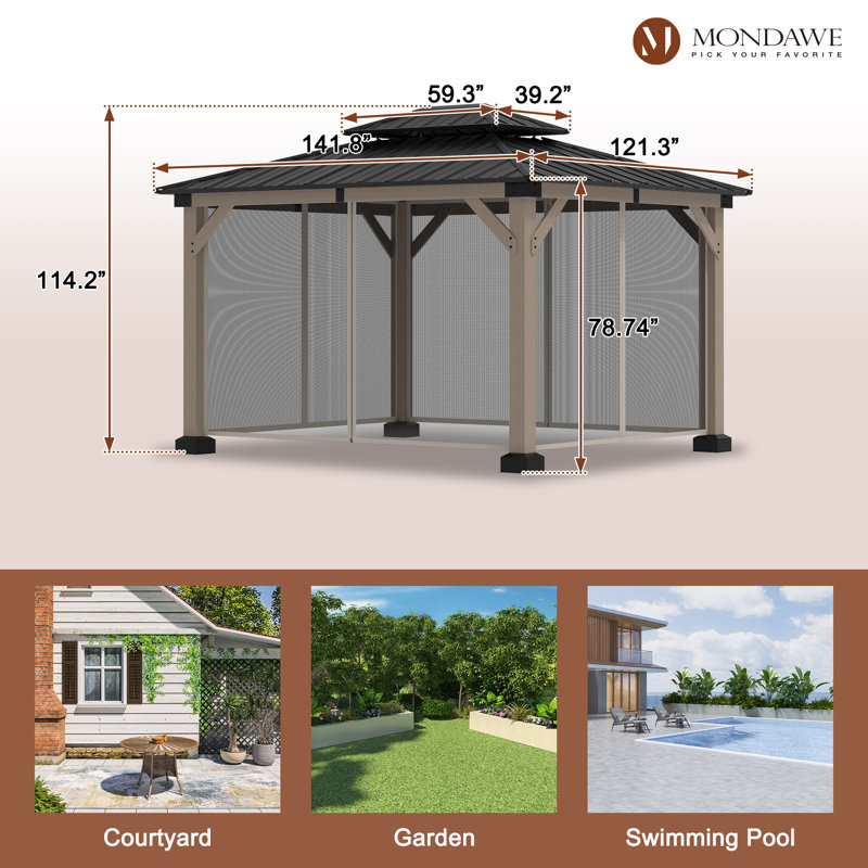 12 pi. L 10 pi. D Pavillon de jardin en bois de cèdre massif avec moustiquaire