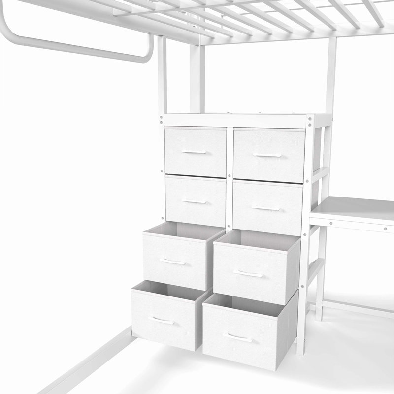 Lit superposé en acier double avec 8 tiroirs de rangement, tablettes intégrées, bureau d'étude, tringle à vêtements et port USB amovible pour enfants, adolescents et adultes, blanc