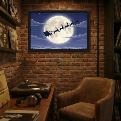 Christmas Santa Sleigh Reindeer Moon Night Sky Stars Winter Landscape