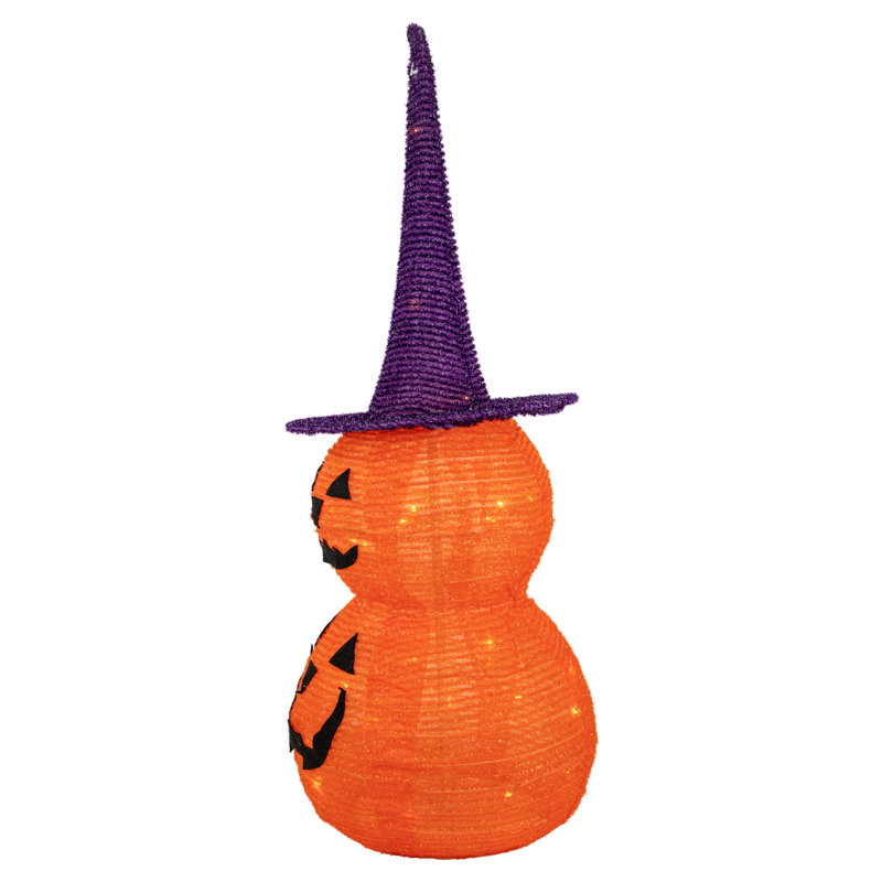 30" Pre-lit Stacked Jack-O-Lanterns with Purple Witch Hat
