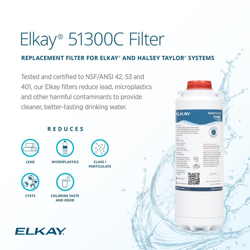 Elkay Genuine WaterSentry 51300C Replacement Filter for ezH2O Bottle Filling Stations, NSF Certified, Reduces Lead & Microplastics, 3,000 Gallons, Single