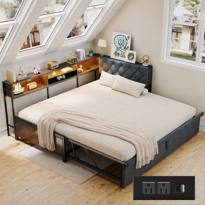 Twin L-Shaped Daybed with Pop-Up Trundle, Corner Bed Frame with Shelves, Charging Station & LED Lights, Space-Saving Sofa Bed for Kids Room, Guest Room