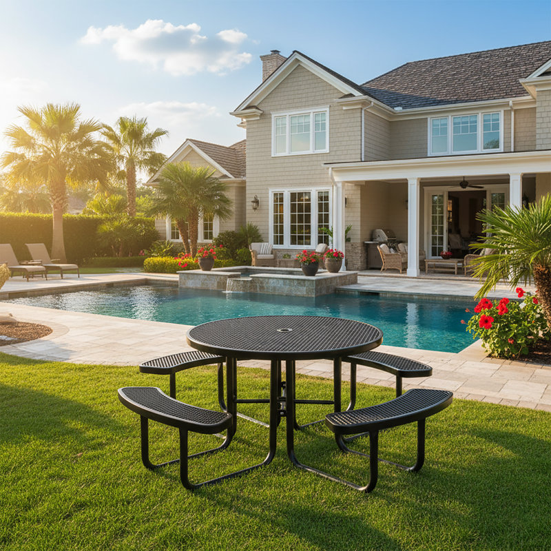 Outdoor Furniture 8-Person Coated Heavy-Duty Picnic Table with Umbrella Hole, Commercial-Grade Patio Dining Table, Black