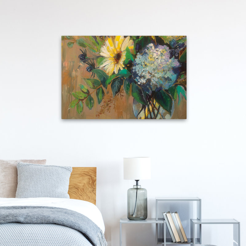Art floral aux yeux de Susans et de verre bleu, H 24 po x l 36 po