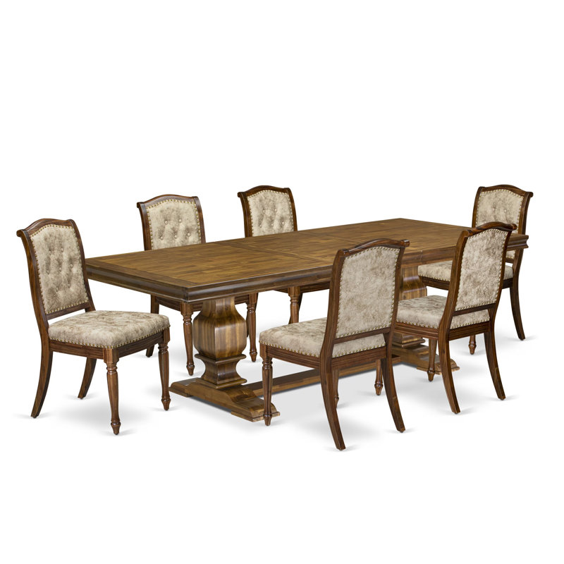7 Pieces Kitchen table set includes a Rectangular Dining Table and 6 Light Beige PU Leather Dinner Chairs, Antique Walnut finish