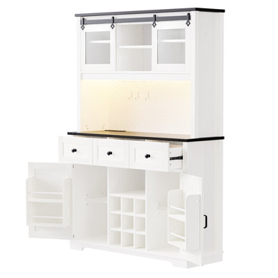 71" White Oak Storage Cabinet. Features Internal Rack, Sliding Door, Power Outlet, . Suits Pantry, Coffee Bar. Includes Diy , Wine & Glasses Holder. And Practical Kitchen Pantry Cabinet With ,