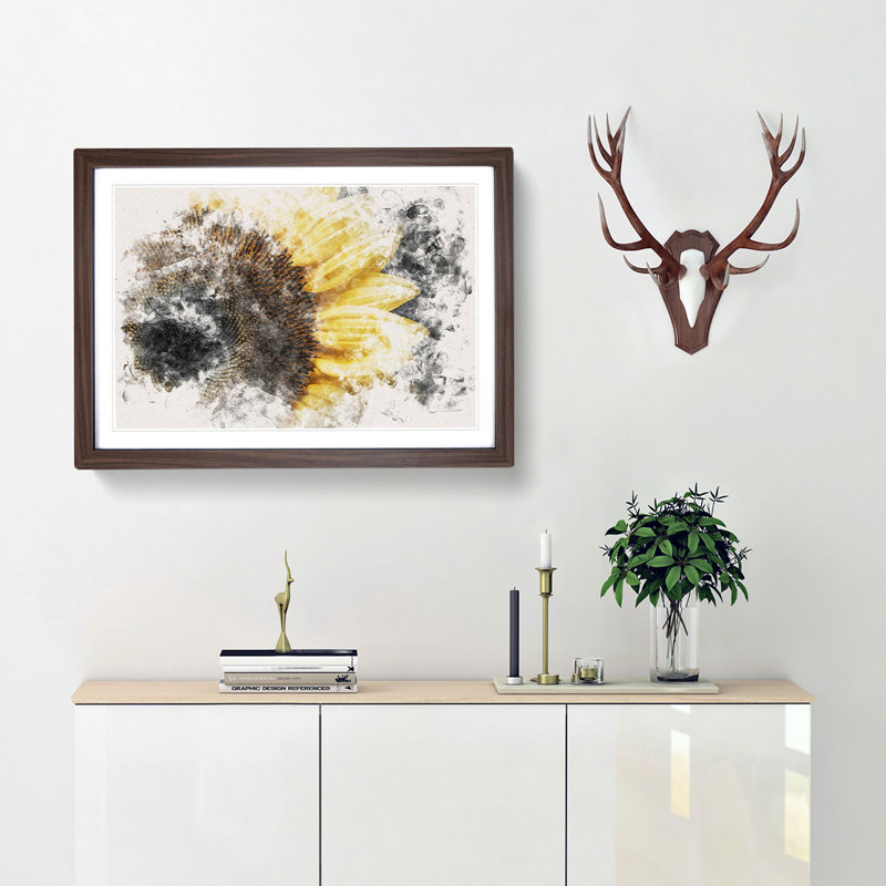 Yellow Sunflower Rising - Single Picture Frame Print on MDF, Walnut, 45cm H x 63cm W x 2cm D