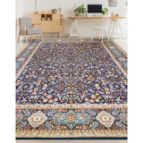 Hand Knotted Wool Oriental Area Rug in Navy And Light Green