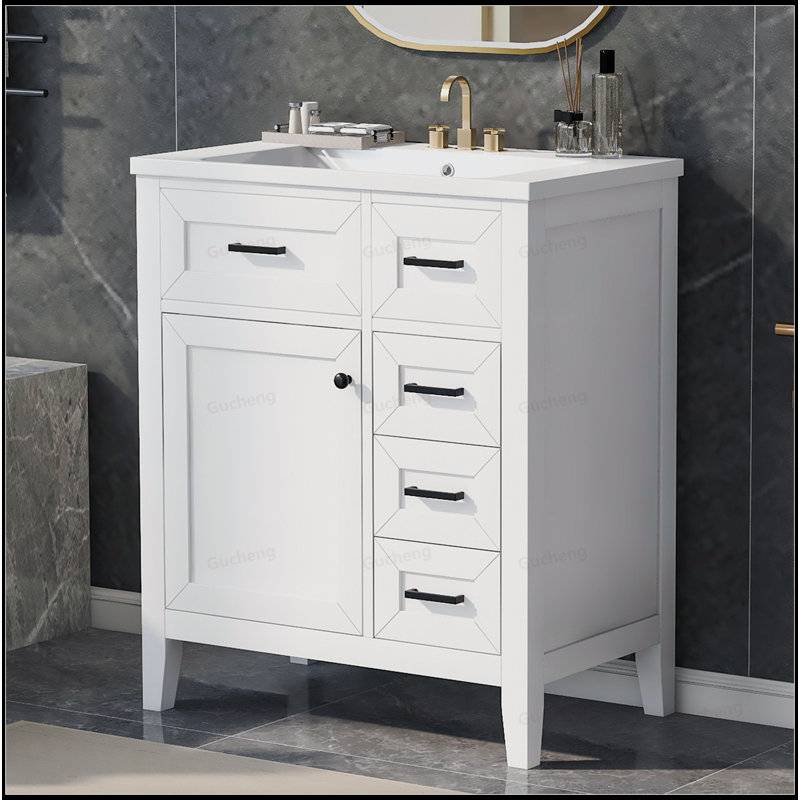Meuble-lavabo en bois 30 po avec lavabo et tiroirs, Blanc