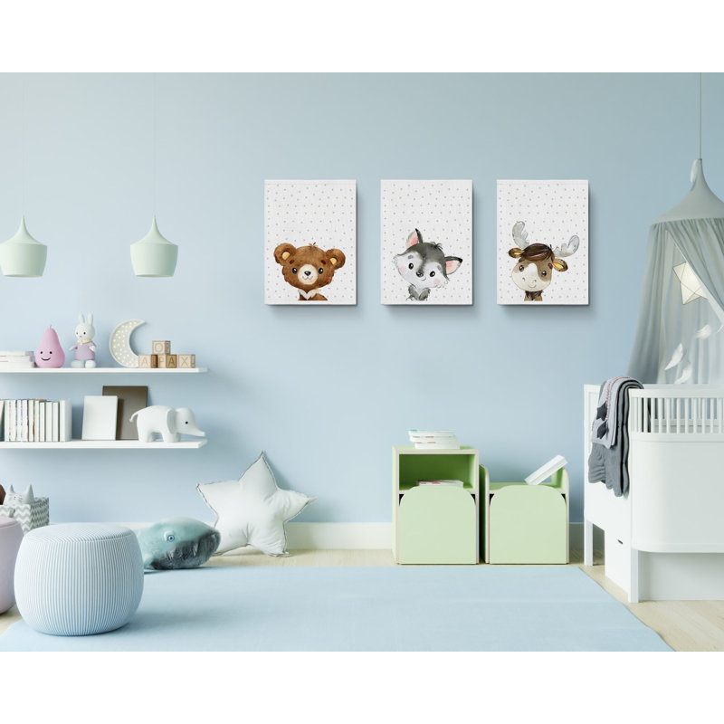 «Cute Fox Bear Deer», reproduction de toile tendue - 3 pièces, 30" H x 60" W