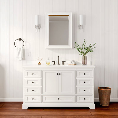 Meuble-lavabo simple 60 po Deborah, comptoir en marbre de culture blanc, lavabo carré encastrable (3 trous), garniture noir mat, armoire à pharmacie