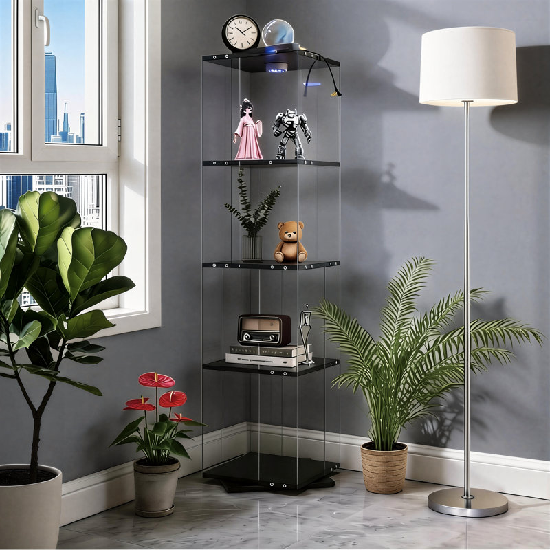 Black Four-Tier Rotating Glass Display Case, Remote-Controlled Light Strip, Adjustable Cabinet Legs, Suitable For Multiple Scenarios Including Living Room And Kitchen.