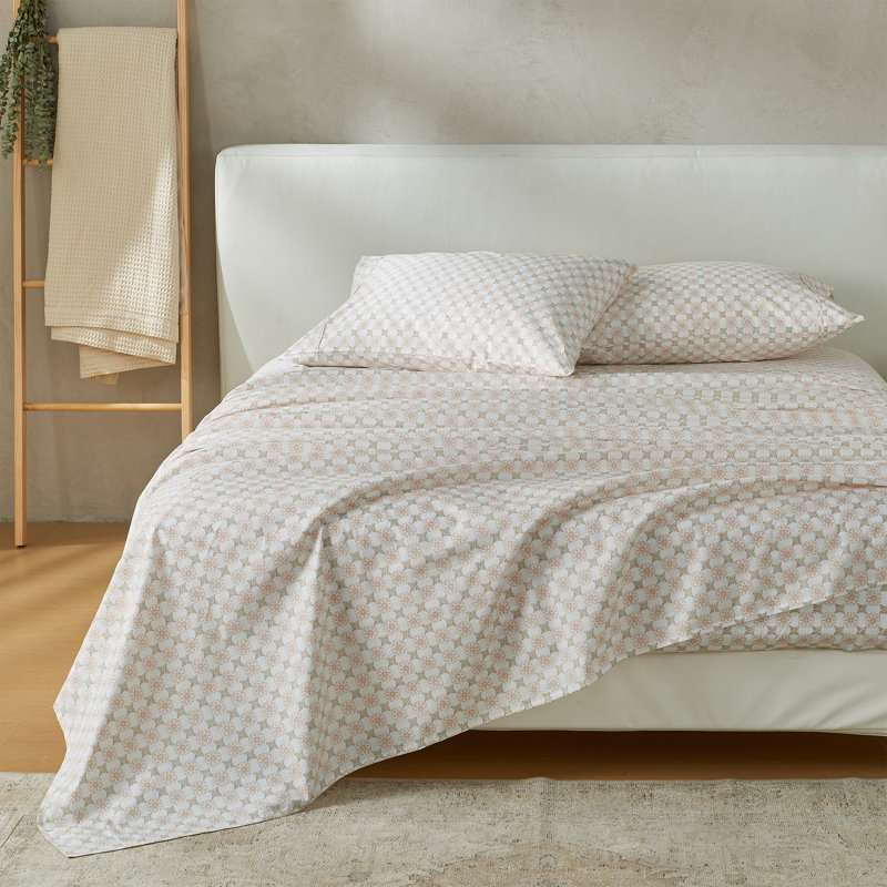 Ensemble de draps 100% coton à imprimé floral percale, Ensemble de draps pour lit simple avec 1 taie d'or, Blanc / sauge