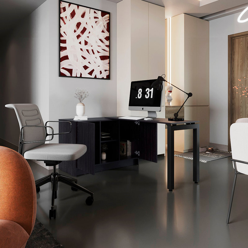 Alfie Rotable Desk, Adjustable Workstation In Two Directions With Storage Compartments, For Home Office Or Studio, Black