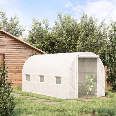 15' X 7' Walk-in Greenhouse, White, Heavy-duty Steel Frame, 6 Windows & Door - Provide Optimal Conditions For Veggies, Fruits, Flowers, Herbs, Succulents, Tropical Saplings Tunnel 15'x7'x7',