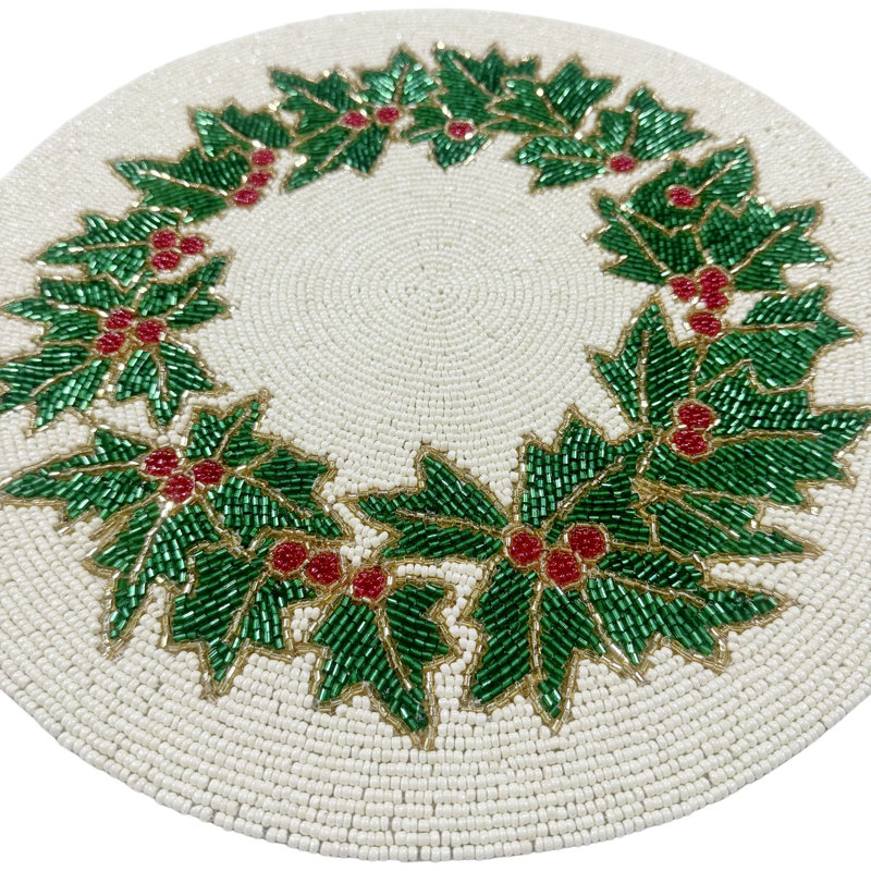 Ensemble de 2 napperons à perles Houx Berry, blanc, rouge et vert