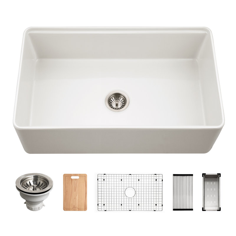 Poste de travail simple à tablier en argile réfractaire 33 po avec accessoires Houzer, Blanc