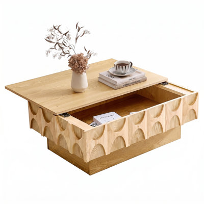 38.59"  Slide Top Coffee Table with Hidden Storage, Mid-Century Fluted Rectangle Center Table ,Natural