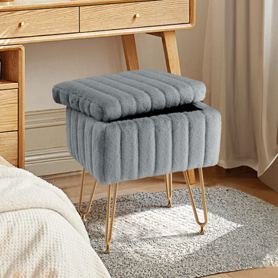 Vanity Stool Chair With Storage, Ottoman Faux Fur Soft Padded Makeup Footstools Seat With 4 Metal Legs Anti-Slip Adjustable Feet Modern Cute Small Footrest For Home Entryway Bedroom