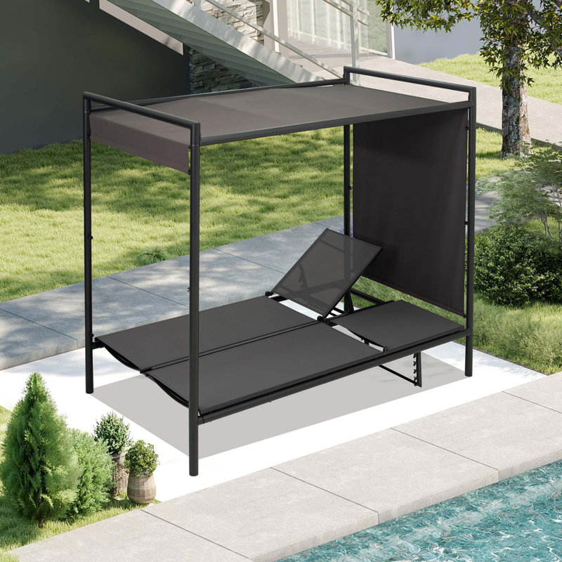 Lit de jour pour l'extérieur avec lit à baldaquin réglable, méridienne double avec dossier réglable à 5 positions et coussins en coton pour patio, cour, balcon, bord de piscine