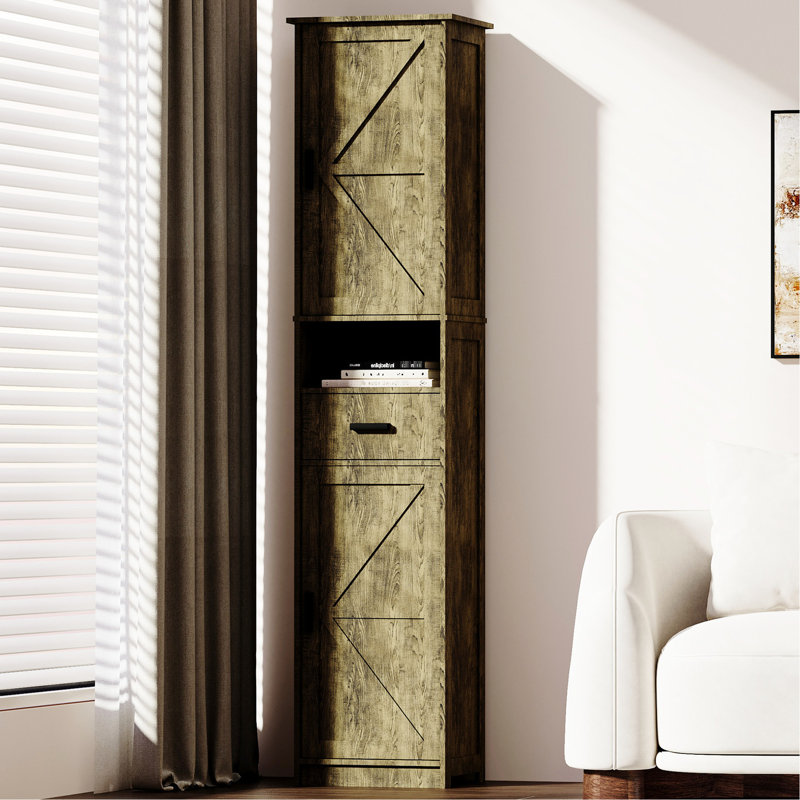 Armoire de salle de bain de 69 po de hauteur avec 2 portes de grange et 1 tiroir - couleur rétro, tablettes réglables, grand espace pour la salle de bain, le salon, le vestibule, la cuisine étroite, tablettes différentes
