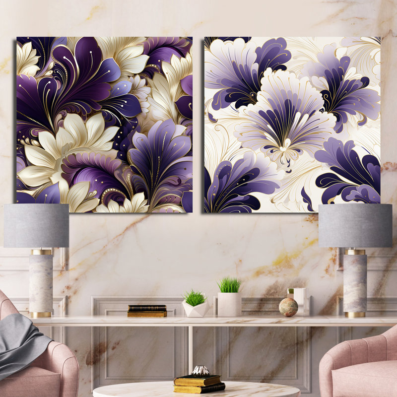 Damassé mauve et blanc, motif Art déco - ensemble de collage botanique carré abstrait de 2, H 30 po x l 61 po, Toile tendue
