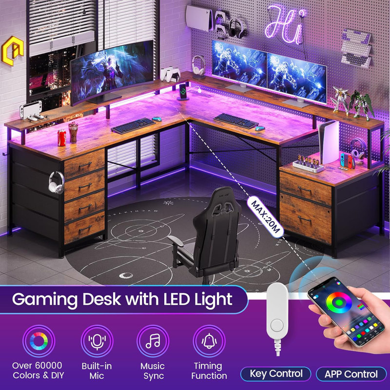 Rockville 108.2'' W L-Shaped Computer Desk with Drawers and Power Outlets, Rustic Brown/Black