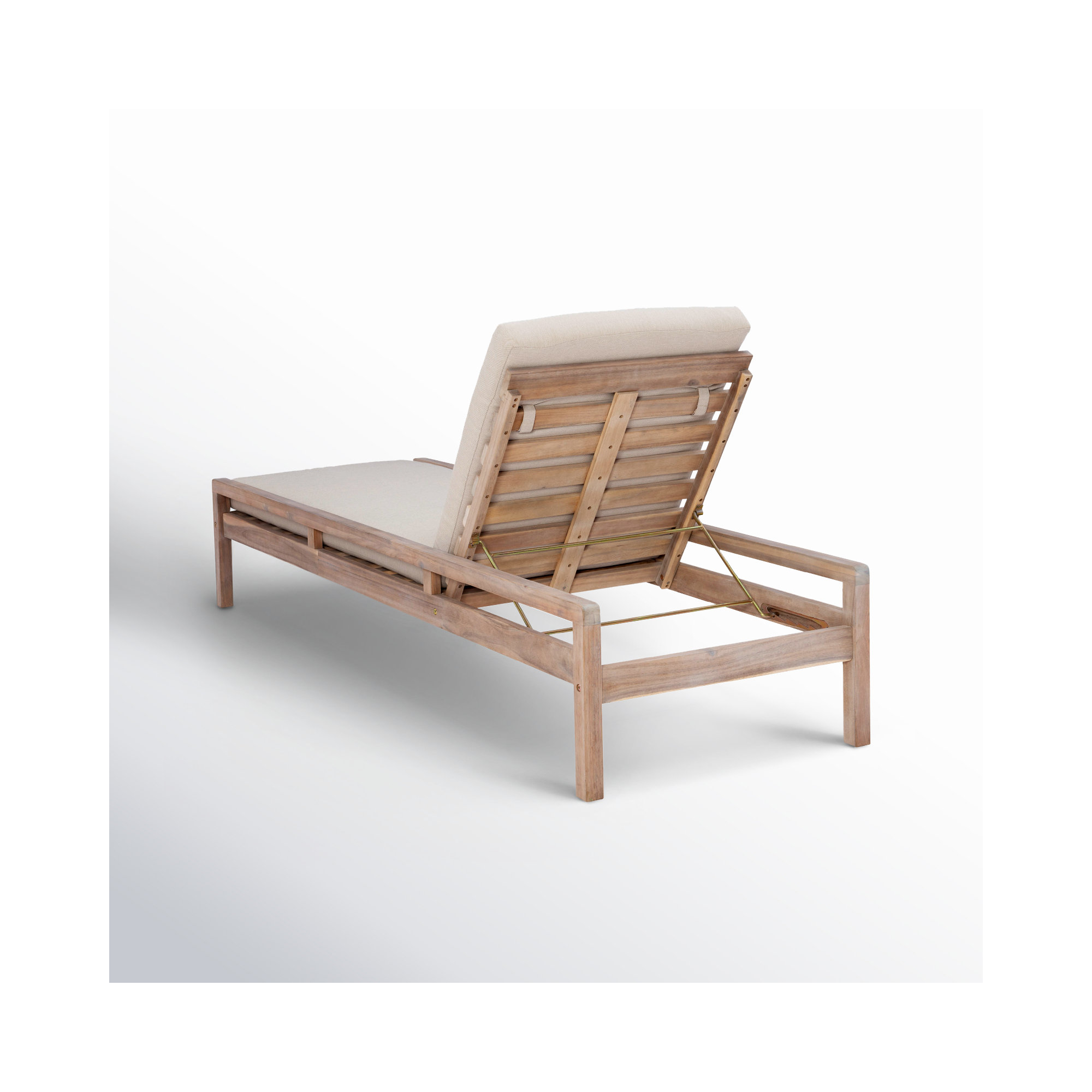 Amina Solid Acacia Wood Reclining Chaise Lounge with Cushion, Beige
