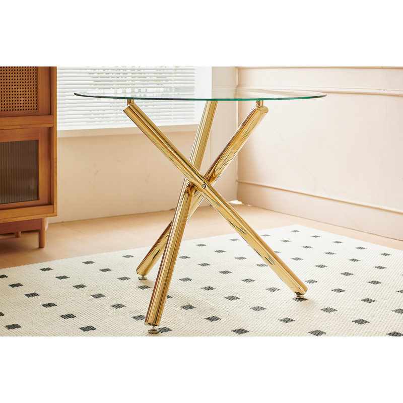 Table de salle à manger dorée avec pieds en métal et verre, table de cuisine moderne pour le salon, Doré