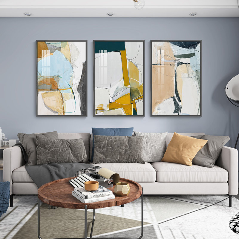 Abstrait aluminium encadré, ensemble de 3 reproductions d'art encadrées sur toile, H 24,3 po x l 48,3 po x P 1,65 po