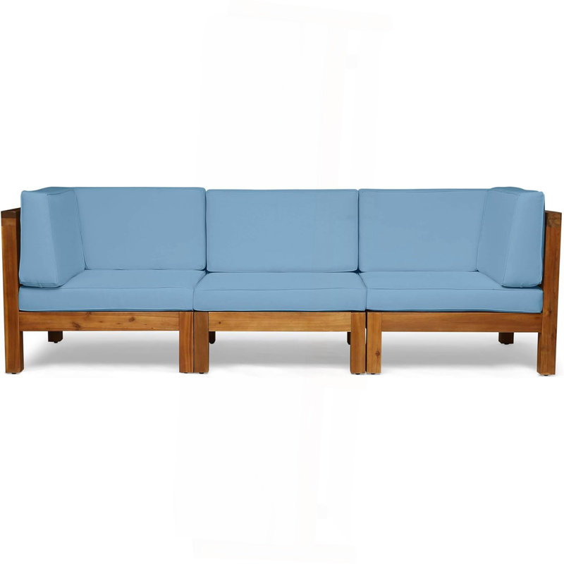 Ensemble de canapé 3 pièces, Coussin bleu / structure en teck