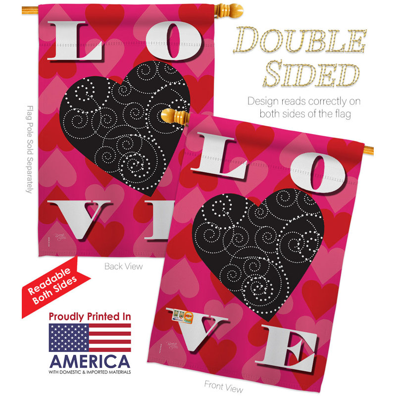 Drapeau de maison en polyester à 2 côtés Love Heart 40 x 28 po