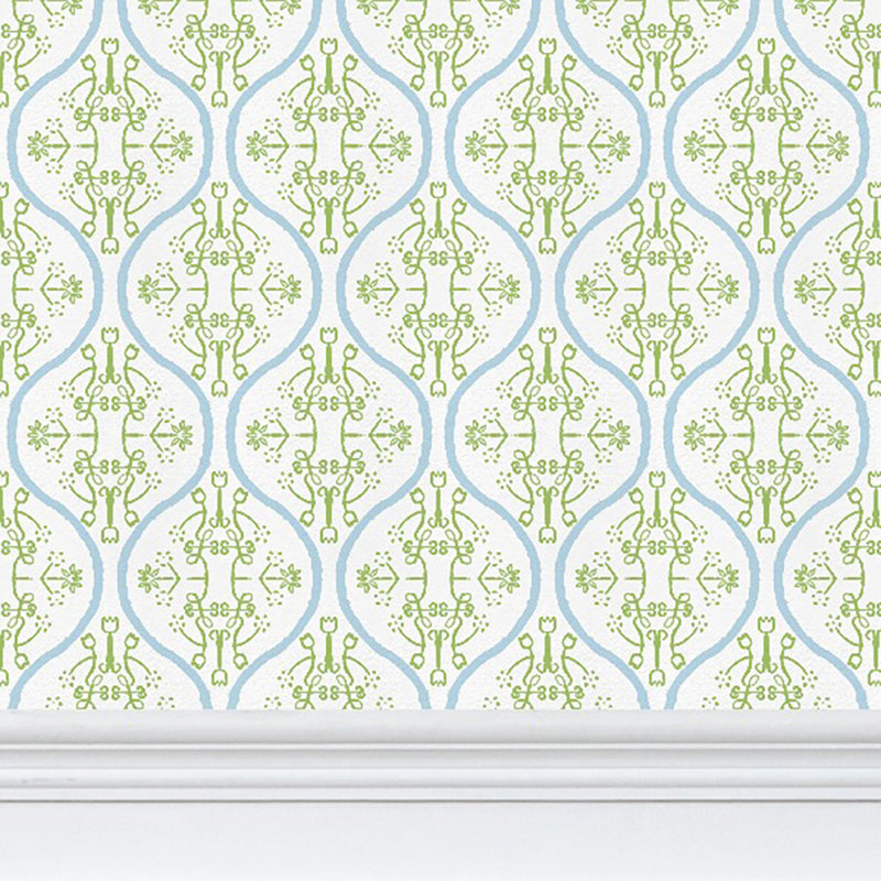 Watercolor Damask Luxury Matte Wallpaper, White/Green/Sky Blue