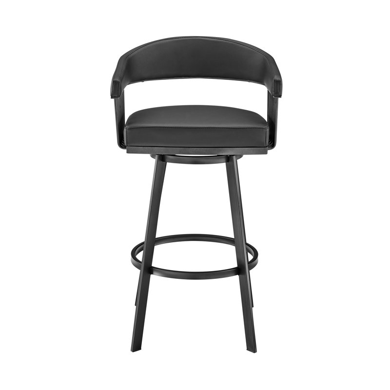 Robinett Swivel Counter or Bar Height Bar Stool with Arms and Footrest in Faux Leather and Metal, Black, Black