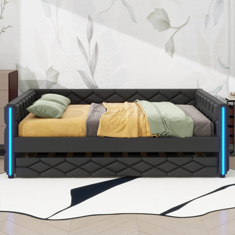 Lit de jour double rembourré de taille XL avec couchette et éclairage DEL, Noir, noir, noir, noir