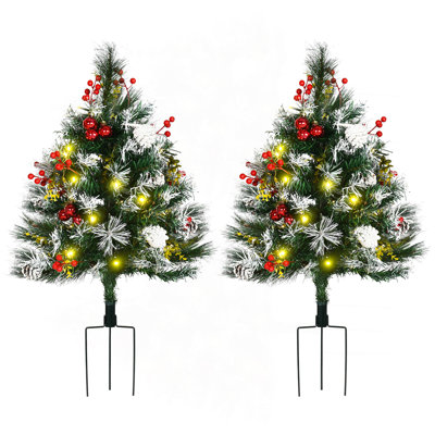 Arbre de Noël artificiel pré-éclairé 2,5 pi avec 2 branches 2,5 pi / 30 po, 70 lumières DEL blanc chaud, baies rouges, pommes de pin, boules, vert