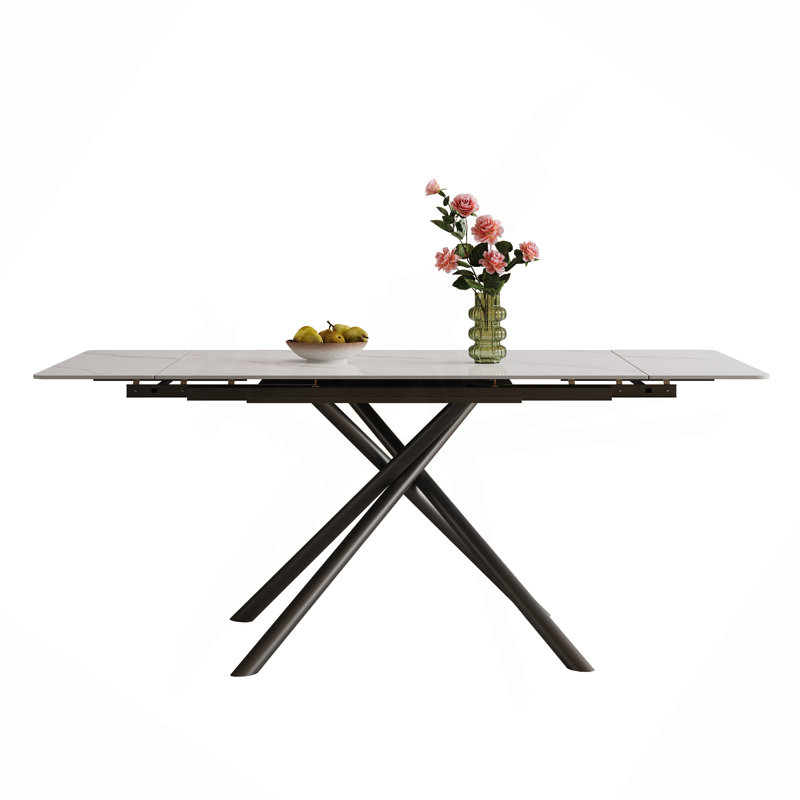 Table de salle à manger rétractable en pierre frittée, de conception rectangulaire moderne, avec des pieds en acier au carbone noir au bas, 71 po convenant pour 6 à 8 sièges