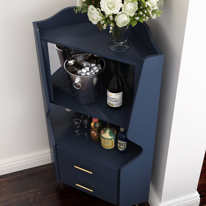 Buffet d'angle bleu, miroir intérieur, deux tablettes ouvertes pour les bouteilles et les bijoux, petits livres à tiroirs, buffet haut de gamme avec dos, tablettes, bibelots de rangement pour le vin, conception stable