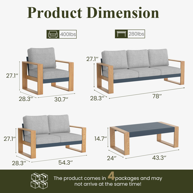 Modern Aluminum 5-piece Patio Conversation Set With Coffee Table, Outdoor All Weather Furniture Set, Light Gray