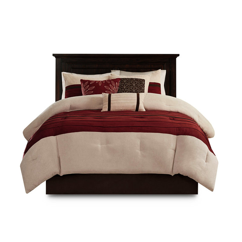 Grand édredon rouge - 7 pièces décoratives en simili suède avec coussins décoratifs lavables et PC, Rouge