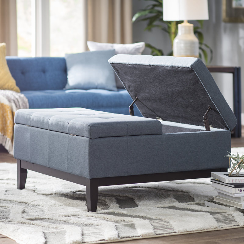 Repose-pieds cocktail carré capitonné de 35,5 po de largeur avec rangement, Mélange de polyester bleu ardoise