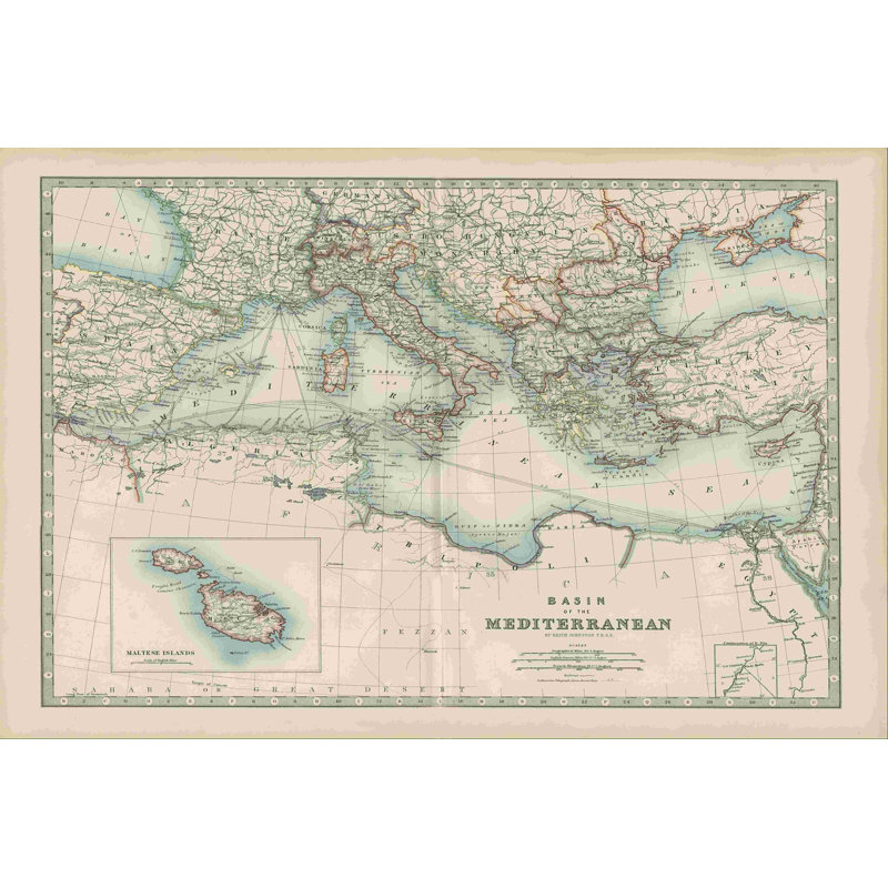 Carte de la Méditerranée par Johnston, H 8 po x l 12 po
