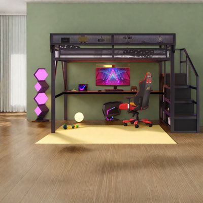 Lits Queen en métal avec bureau, étagères de rangement, style industriel moderne pour ados
