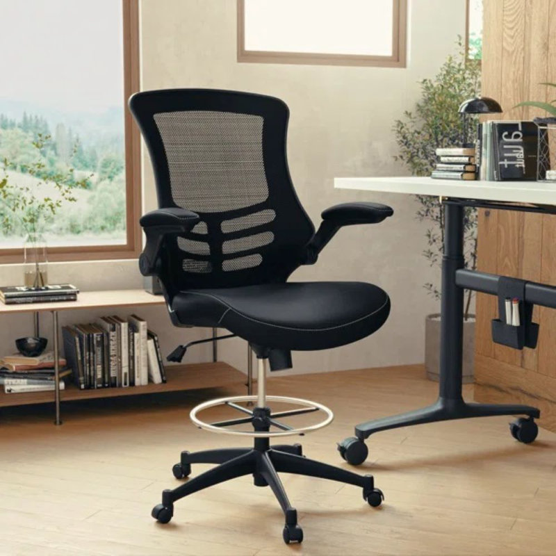 Mid-Back Mesh Ergonomic Drafting Chair with Adjustable Foot Ring and Flip-Up Arms, Black